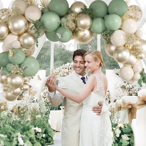Sage green Balloons, 60pcs 12inch Sage green Sand White Metallic Gold Confetti Balloons for Boho Birthday Wedding Bridal B...