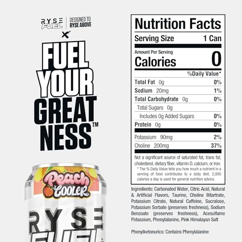 RYSE Fuel Energy Drink | On The Go Energy | 0 Sugars | 0 Calories | Vegan | 200mg Caffeine | 12 Pack (Peach Cooler)