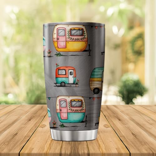 CUBICER Colorful Retro Camper Trailer Pattern Tumbler For Camping Lovers And Outdoor Travelers Stainless Steel 20 Oz Trave...