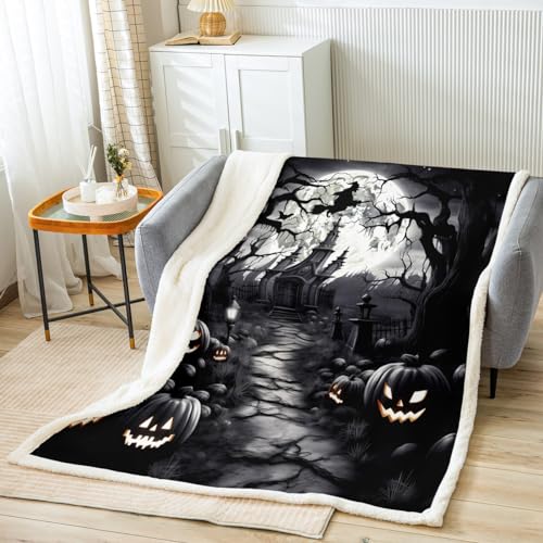 Halloween Themed Flannel Blanket,Black Retro Holiday Style Gothic Fuzzy Blanket for Children Present,Moon Night Old Castle Pumpkin Lantern Polyester Throw Blanket for Couch, Twin Size (60 x 80 Inch)