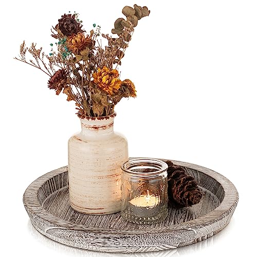 Wooden Decorative Tray Candle Holder: Romadedi Round Wood Tray Home Decor, Whitewash Rustic Trays for Farmhouse Dinning Ta...