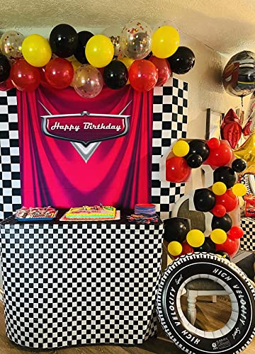 7x5ft Car Black White Grid Red Birthday Themed Backdrops Racing Flag Red Photo Backgrounds for Photography Happy Birthday ...