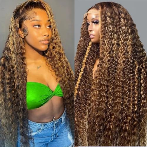 Honey Blonde Deep Wave Wigs Human Hair Highlight Ombre Lace Front Wigs Human Hair 4/27 Curly Wig for Black Women 200% Density 13x6 Wet and Wavy Human Hair Wig