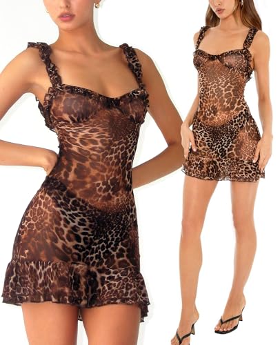 OZICERD Leopard Ruffle Sheer Mesh Mini Dresses for Women Babydoll Lingerie Club Rave Concert Outfit See Through Party Dress