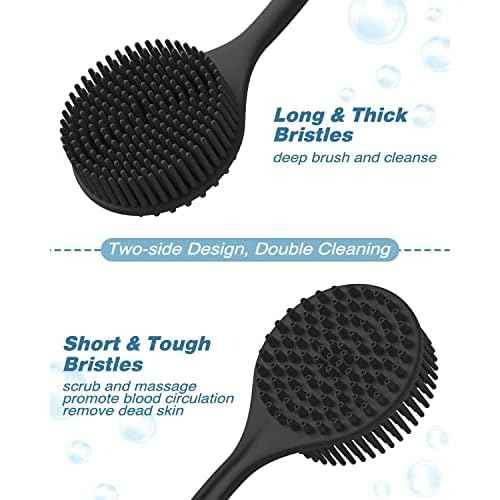 Manmihealth Silicone Back Scrubber (Thick Bristles) & Bath Glove & Face Brush Set(3PCS), Super-Exfoliating & Lathering Body Scrubber, Shower Brush, Face Scrubber Combination, with a Free Hook.(Black)