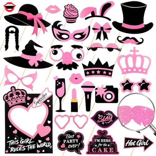 Hot Pink Glitter Photo Booth Props 31 Count, for Birthday Wedding Bachelorette Single Parties, Rose Golden Cute Funny Desi...