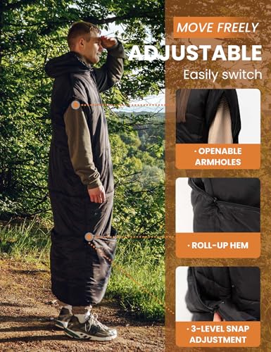 Relexit Adult Wearable Sleeping Bag with Hoodie, Sleeveless Design Adjustable Drawstring Waterproof Wearable Sleeping Bag ...