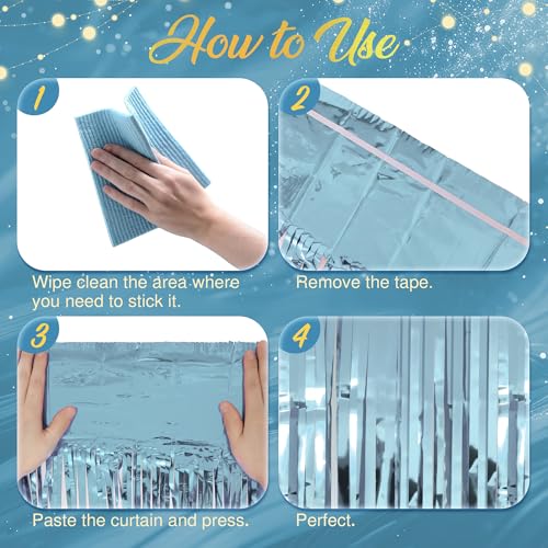 2 Pack Light Blue Fringe Backdrop, 3.2x8.2ft Shining Foil Tinsel Curtains, Birthday Party Decorations Door Streamers for H...