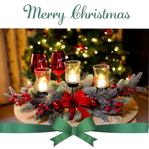 Red Christmas Table Centerpiece,Christmas Decoration Cedar with 3 Candlestick Glass Cup, Red Berry, Balls for Holiday Part...