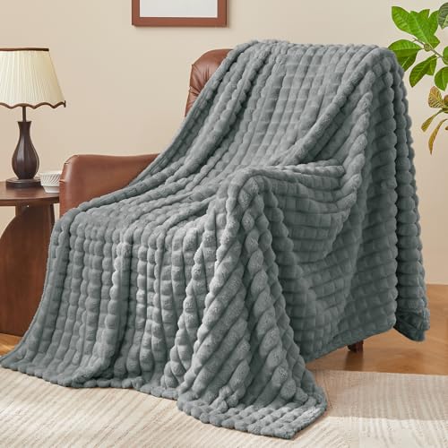 BEDELITE Updated Grey Throw Blanket for Couch and Bed- Super Soft and Warm 3D Checkered Fluffy Fuzzy Fleece Blanket, Luxur...