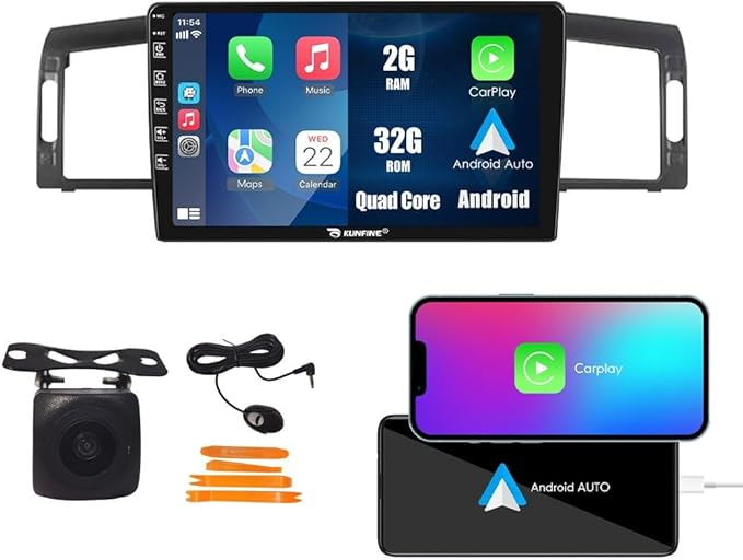 Kunfine Car CarPlay Android Auto Navigation Stereo GPS Radio Reverse Camera Display 9" IPS Touchscreen Headunit Tablet Pad...