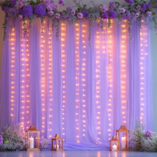 5x8ft (2 pieces) Lavender Tulle Backdrop Curtains with Lights for Party Wedding Baby Shower, Sheer Drape Backdrop Curtains...
