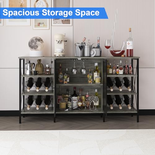 Garvee Farmhouse Wine Bar Cabinet with Wine Rack and Glass Holder, Rustic Coffee Bar with Led Light, Metal Sideboard and Liquor Table Cabinet with Mesh Door for Living Room, 55.12", Dark Grey