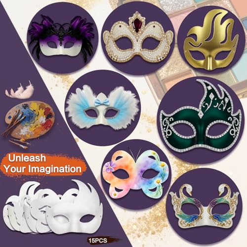 Hcaiip 15 PCS DIY White Masquerade Masks DIY Paper Blank Half Face Mask Craft Art Plain Paintable Mardi Gras Masks Hallowe...