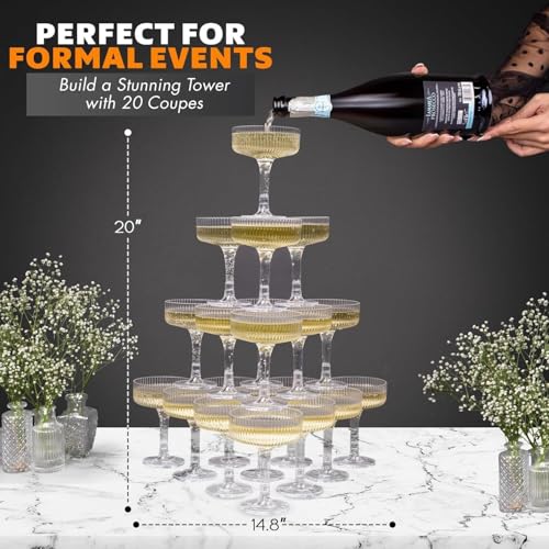 Ksestor ACRYLIC Champagne Tower - 7oz. Set of 21 Champagne Flutes Plastic - For Weddings & Parties - Plastic Coupe Glasses...