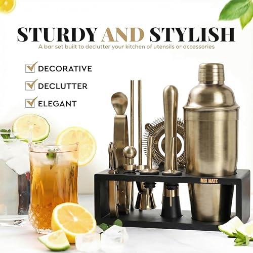 Brushed Brass Mixology Kit - 15 Piece Bar Tool Set, Silver Bar Set Cocktail Shaker Set for Drink Mixing - Includes Martini...