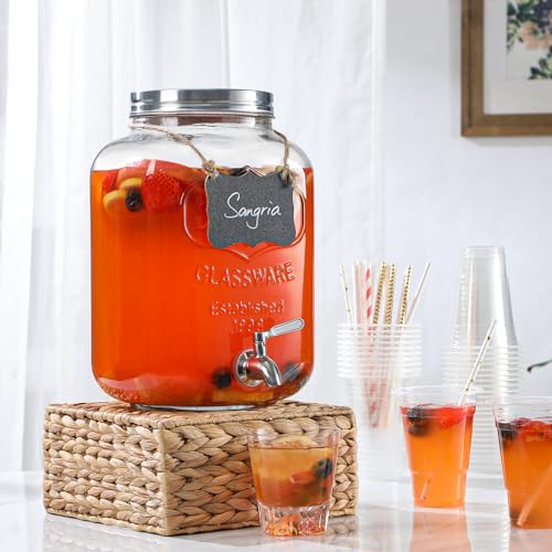 2 Gallon Glass Beverage Dispenser, 18/8 Stainless Steel Spigot and Lid - Glass Drink Dispensers for Parties - Mason Jar Dr...
