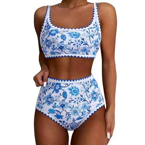 SUUKSESS Women High Waisted Bikini Set Floral Print Color Block 2 Piece Swimsuit