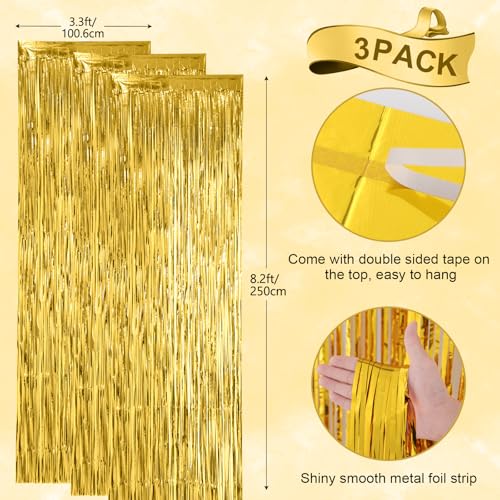 Voircoloria 3 Pack 3.3x8.2 Feet Gold Foil Fringe Backdrop Curtains, Tinsel Streamers, Fringe Backdrop for 2025 New Years E...