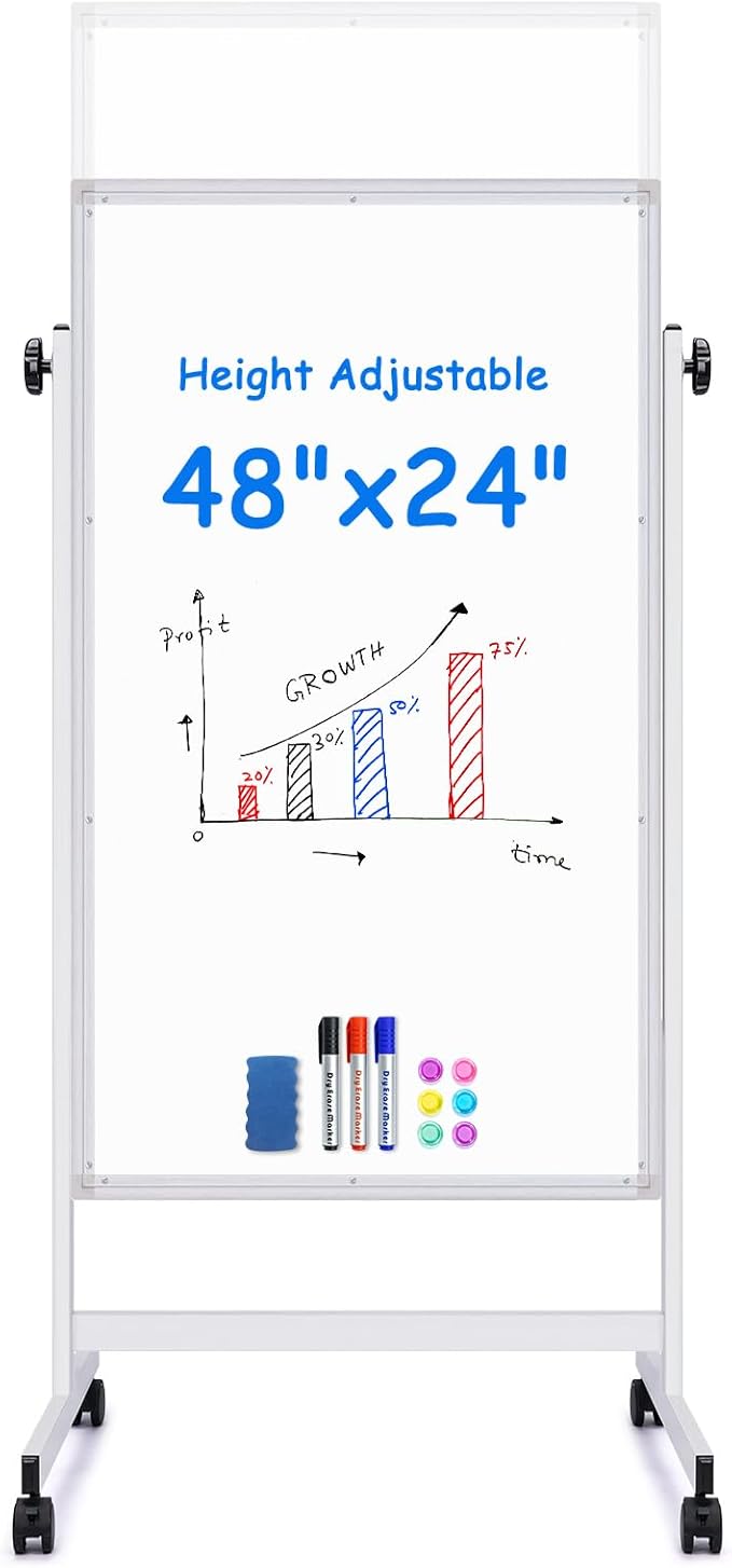 maxtek Rolling White Board, 48 x 24 Height Adjustable Whiteboard on Wheels, Large Magnetic Standing Mobile Easel Board, Do...