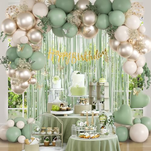 Sage Green Birthday Party Decorations with Happy Birthday Banner Green Fringe Curtain Butterfly Decorations Foil Balloons ...