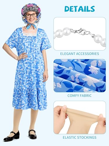 SOMSOC 7 Pieces Women Old Lady Costume with Dress Wig Headscarf Glasses Stockings Cane for Halloween, 100 Days of School