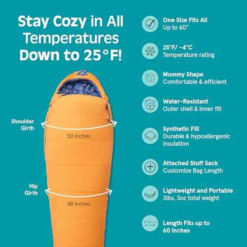 Retrospec Dream 25 Kids Sleeping Bag for Camping - Mummy Style, Water-Resistant, Lightweight 3lbs 3oz, Adjustable Length, Draft Collar, 25¡ÆF Rating