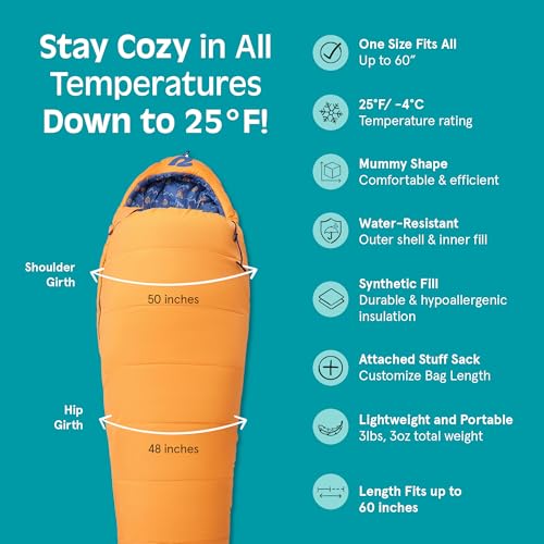 Retrospec Dream 25 Kids Sleeping Bag for Camping - Mummy Style, Water-Resistant, Lightweight 3lbs 3oz, Adjustable Length, ...