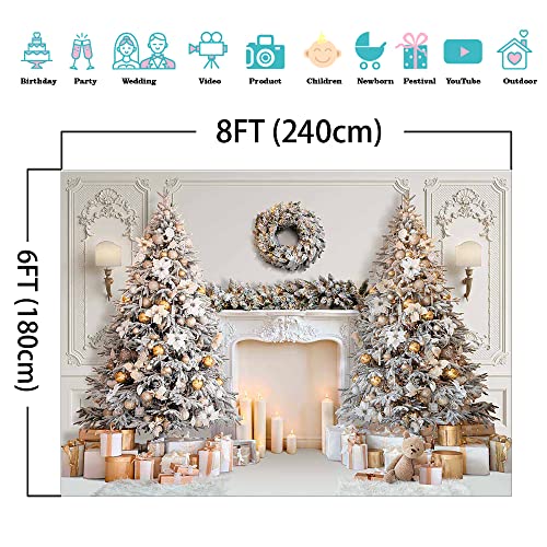 Mocsicka Classic Christmas Interior Room Photography Backdrop White Christmas Fireplace Photo Background Decorated Xmas Tr...