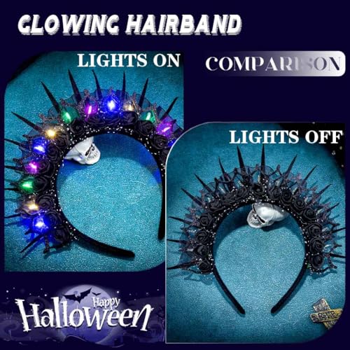 Uranian Ligth Up Halloween Headbands Gothic Black Flower Crowns LED Halloween Hair Accessories for Women