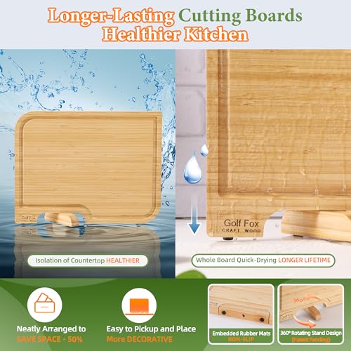 4-PCS Bamboo Cutting Board Set with Innovative Stand - Durable Double Sided Wooden Cutting Board with Juice Groove & Handl...