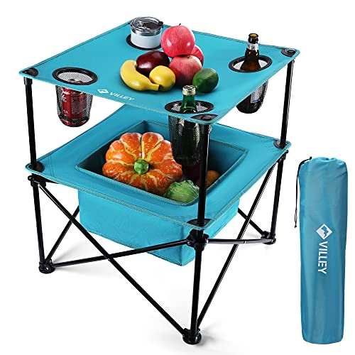 VILLEY Portable Camping Picnic Table, Lightweight Folding Beach Table with 4 Cup Holders and Carry Bag for Camp, Travel, F...