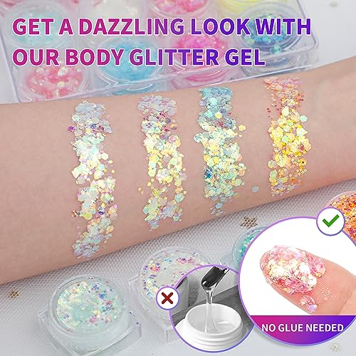 Glow in The Dark Body Face Glitter Gel for Women, 12 Colors Glitter Gel Makeup Chunky Fine Glitter, UV Black Light Accesso...