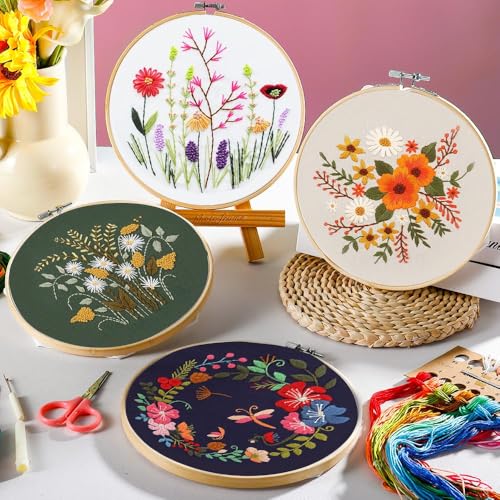 4 Pack Embroidery kit for Beginners Adults DIY Starter Kit, Cross Stitch Kits with Flower Stamped Patterns, Embroidery Hoo...