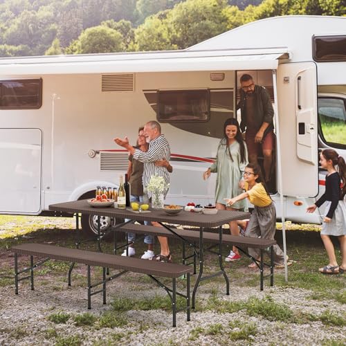 Goplus 6 FT 3-Piece Portable Picnic Table Bench Set, HDPE Rattan-Like Plastic Folding Picnic Tables with Benches, Foldable...