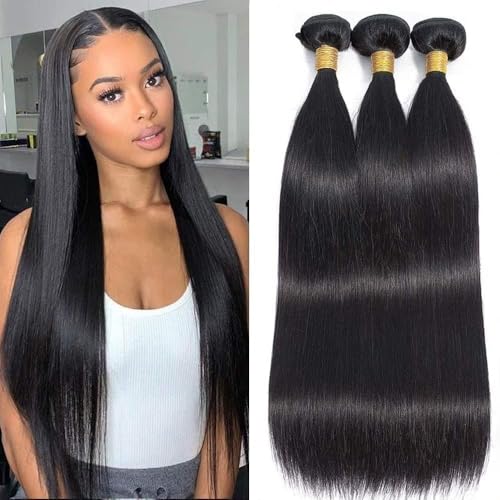 Straight Bundles Human Hair 24 24 24 Inch Human Hair Bundle Brazilian Straight Weave Bundles 100% Unprocessed Virgin Human Hair Extension for Women Natural Color