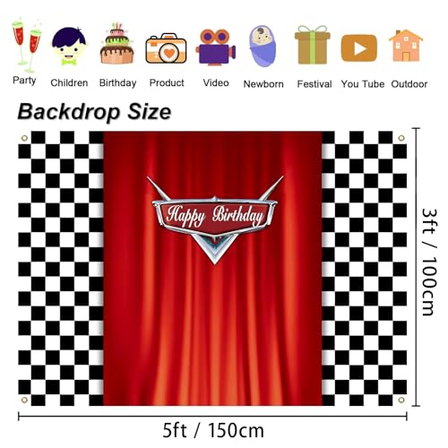Celchvens Car Racing Happy Birthday Backdrop Decoration Black White Grid Red Curtain Background Car Themed Party Banner fo...