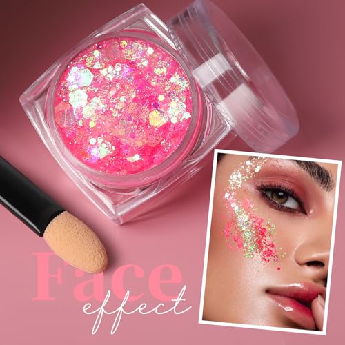 Teenitor Face Glitter, Pink Body Glitter Gel, Holographic Glitter for Face and Body, Hair, Gel Glitter Makeup for Festival...