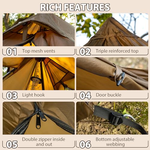 Hot Tent with Stove Jack and Snow Skirt, 6.89~8.53ft Standing Room, 2~5 Person, Tipi Tent for Family Hiking, Fishing, Hunt...
