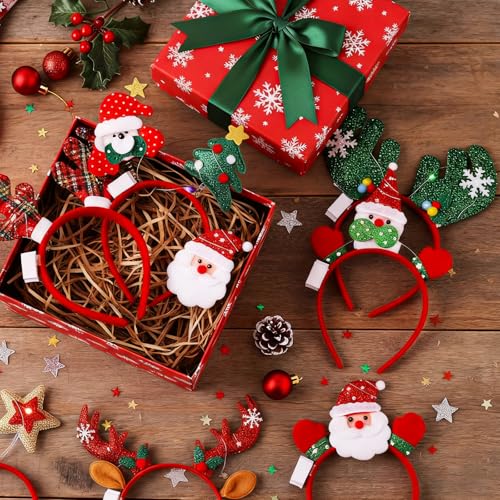 Jexine 24 Pcs Christmas Light up Headbands LED Christmas Headbands with Different Designs Reindeer Antler Santa Hat Tree X...