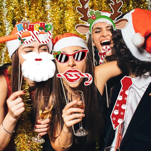 Christmas Photo Booth Props Kit, 31 Pcs Xmas Red Green Snowman Santa Bells Hat Snow Tree for Photoshoot Picture Fun Party ...