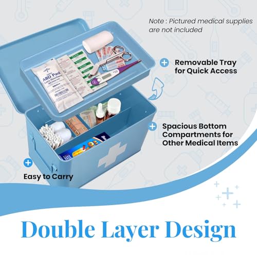 Flexzion First Aid Box Organizer Empty 13" Blue Vintage First Aid Kit Tin Metal Medical Box - First Aid Storage Box Contai...