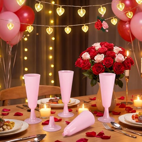 LemonRoad 25 Pcs Valentines Plastic Champagne Flutes 5 oz Disposable Champagne Glasses Bulk Toasting Cups for Party Weddin...