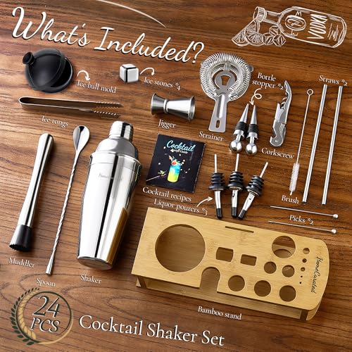 HomeCurated Cocktail Shaker Set, 24-Piece Bar Bartender Kit with Stand, Martini Shaker, Jigger, Strainer,Mixer Spoon,Muddl...