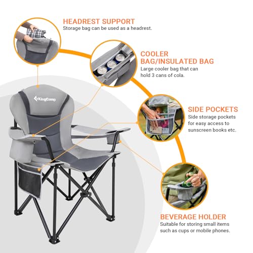 KingCamp Oversized Camping Folding Chair with Lumbar Support, Heavy Duty Ergonomic Padded Arm Chair with Cooler Bag, Cup H...