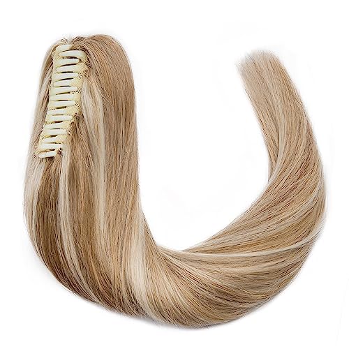 MY-LADY Ponytail Extension Human Hair Claw Clip in Ponytail Hair Extension Long Straight Pony Tail Hair Extensions Real Human Hair for Women Golden Brown & Bleach Blonde 16 Inch 105g