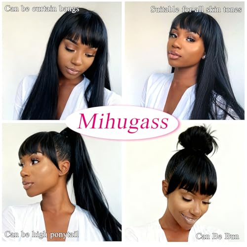 2x4 Lace Front Wigs With Bangs Human Hair 200% Lace Closure Wigs For Women Brazilian Virgin Hair Wear and Go Glueless Wig Natural Black Color(16 Inch)