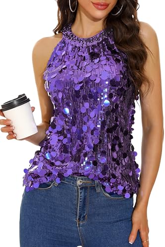 GUANYY Halter Sequin Tops for Women Sleeveless Sparkly Glitter Shiny Tank Top Party Concert Sequence Blouse