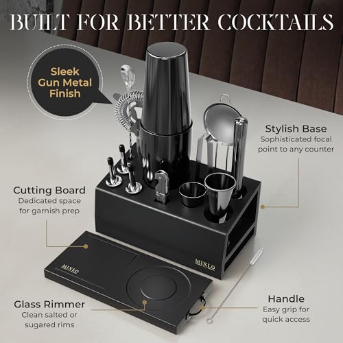 MIXLO HOME Mixology Bartender Kit - 15Pcs Bar Set Cocktail Shaker Set w Black Bar Cart Accessories Stand - Shakers Bartend...