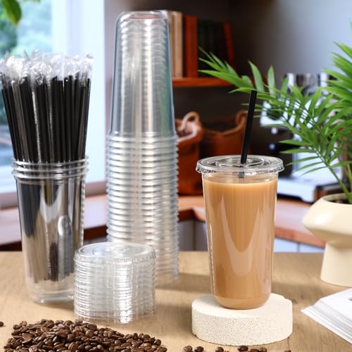 Ziliny 50 Set 20 oz Clear Plastic Cups with Lids and Straws, Disposable Iced Coffee PET Cups for Drinking Cold Beverage Ju...
